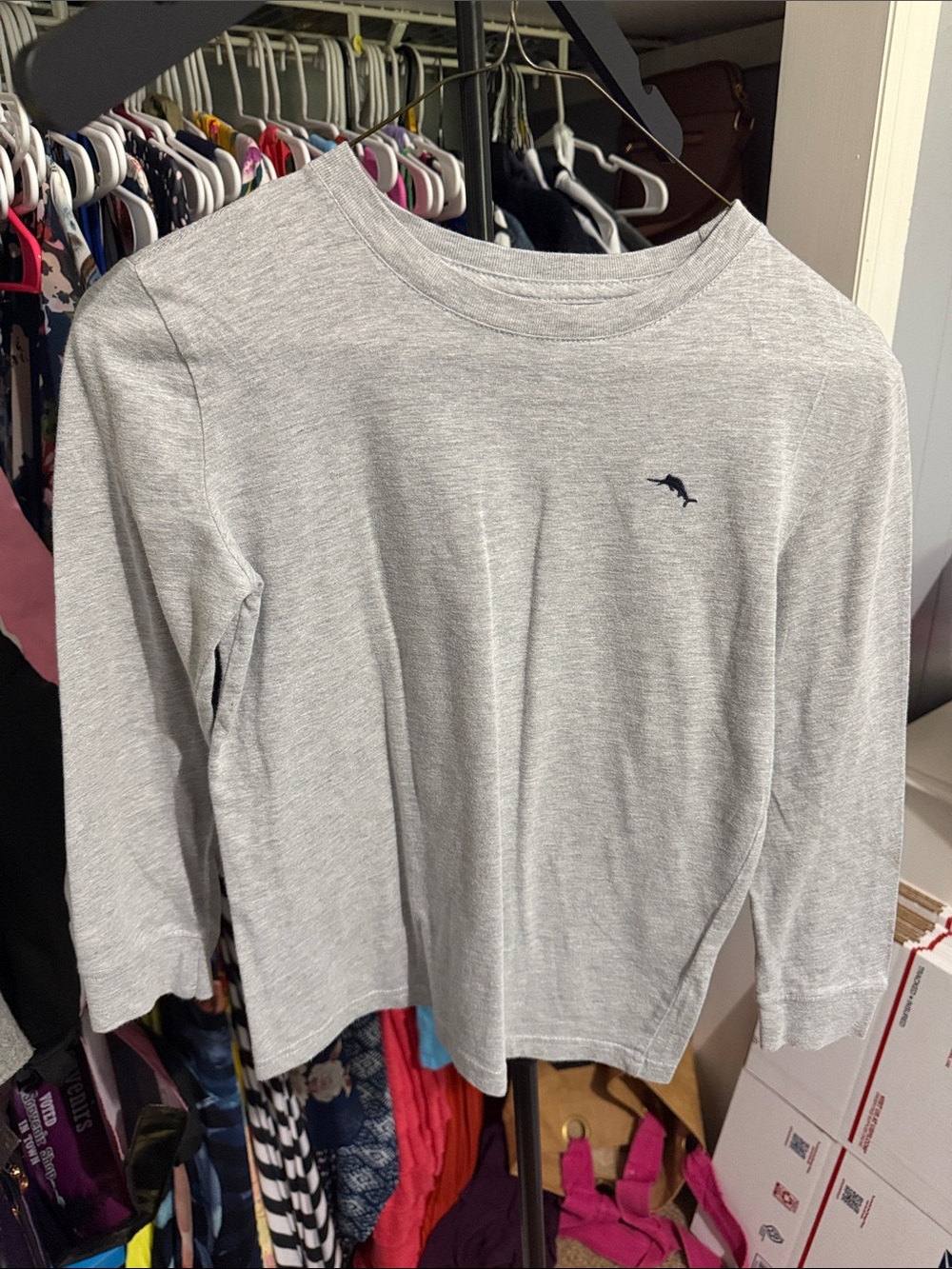 Tommy Bahama Light Gray Long-Sleeve Crewneck Top with Embroidered Dolphin